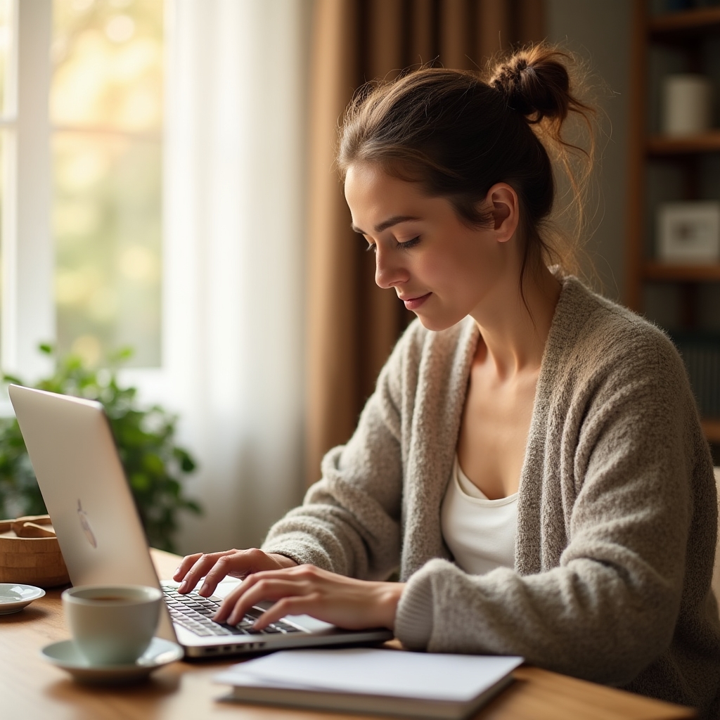Osoba zamykająca laptopa po zakończeniu dnia pracy w domowym biurze